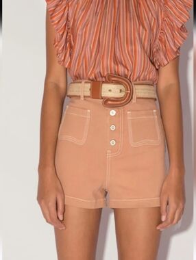 Magali Pascal Janis Camel High Waisted Shorts Contrast Stitch Button Front.Small